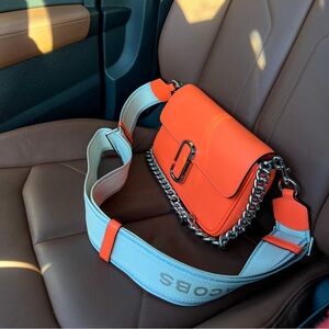 Marc Jacobs Orange Leather Shoulder Bag with Light Blue Strap